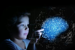 A little girl with her finger presses in front of her and bright futuristic graphics appear. Concept of: future, network, technology, security for children.